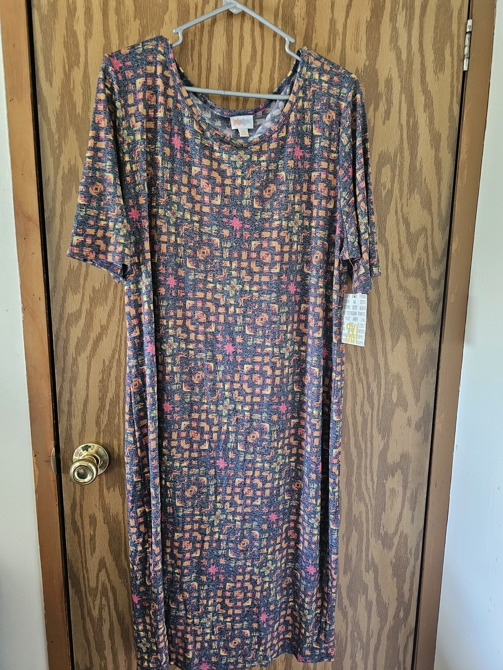 LuLaRoe Midi Dress in Navy with Pink and Orange Geometric Print